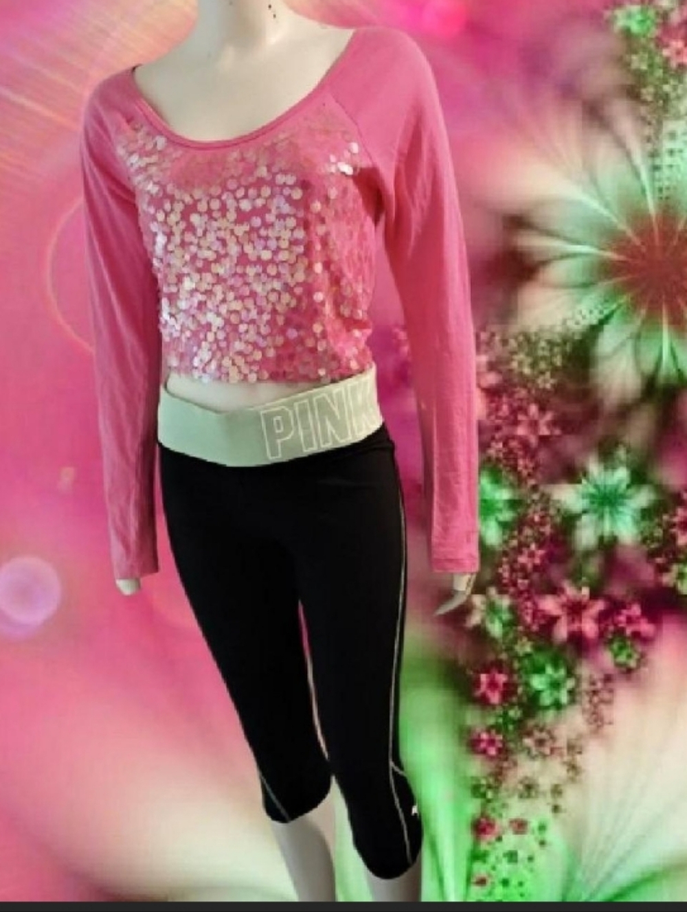 Y2K-2010 Victoria's Secret Pink women's M black & pastel green Capri yoga pants